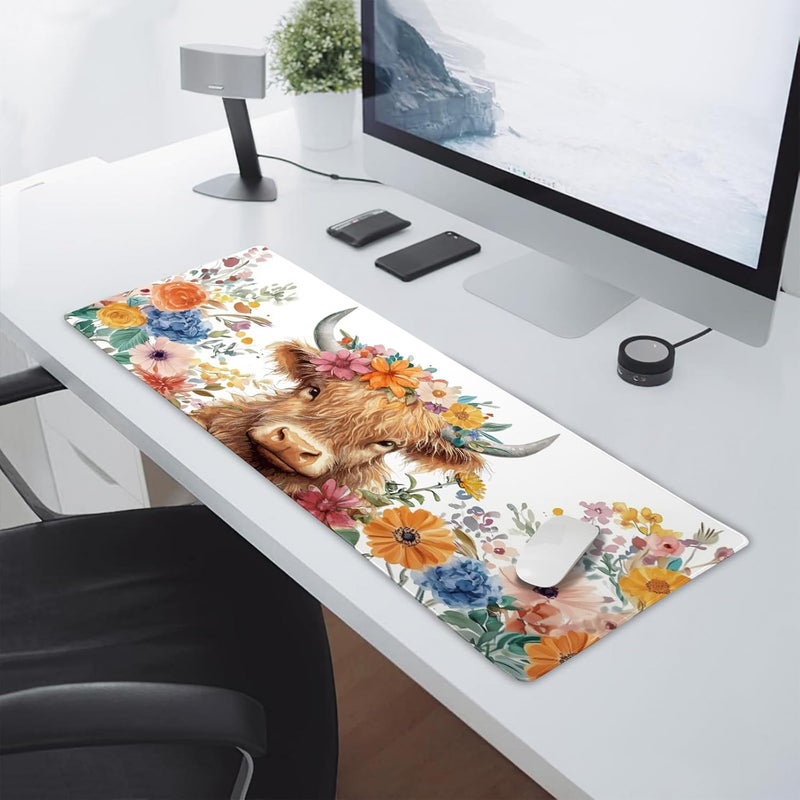aportt Aesthetic Highland Cow Gaming Mouse Pad XL Cow Print Blue Orange Floral Extended Large Mat Mousepad Desk Pad Non-Slip Rubber Base Stitched Edge Flower Keyboard Pad Playmat for Computer,31.5×11.8 in - Image 5