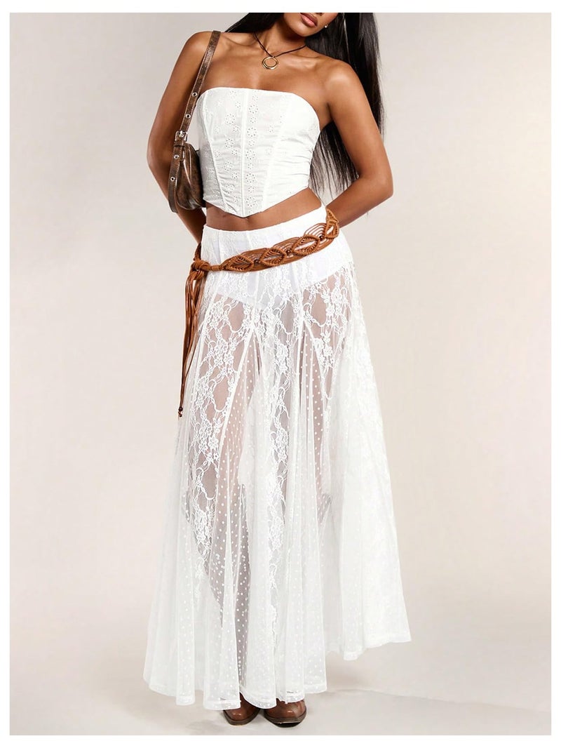 MakeMeChic Women's Lace Sheer Maxi Skirts Floral Polka Dots A Line Ruffle Boho Goth Long Skirts White Medium - Image 3