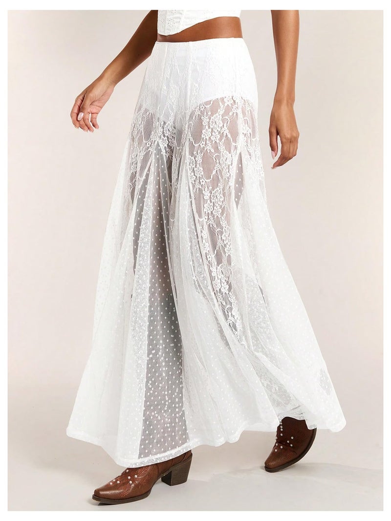 MakeMeChic Women's Lace Sheer Maxi Skirts Floral Polka Dots A Line Ruffle Boho Goth Long Skirts White Medium - Image 2