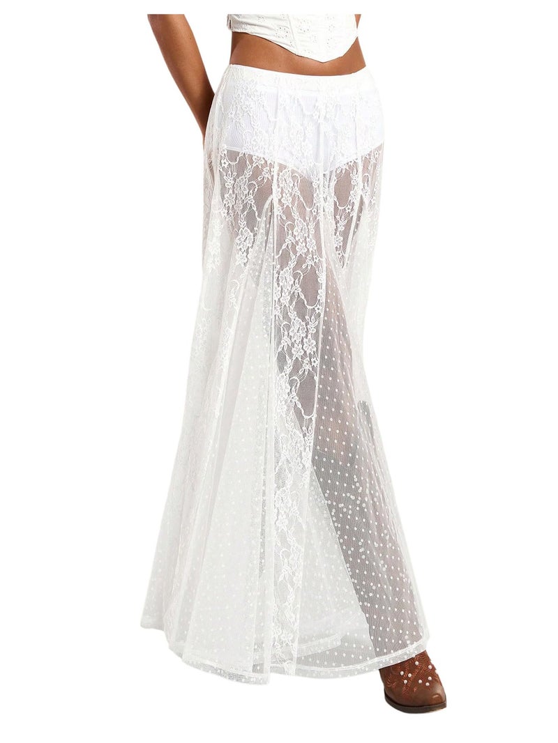MakeMeChic Women's Lace Sheer Maxi Skirts Floral Polka Dots A Line Ruffle Boho Goth Long Skirts White Medium - Image 1