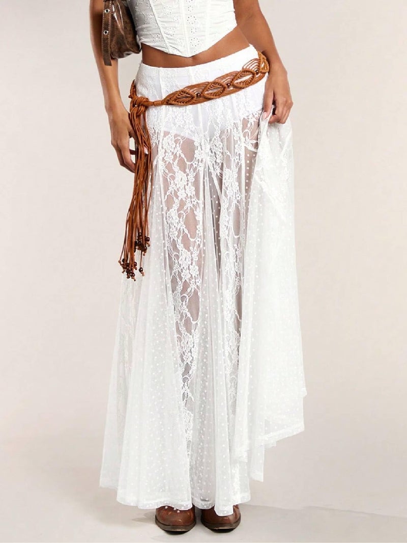 MakeMeChic Women's Lace Sheer Maxi Skirts Floral Polka Dots A Line Ruffle Boho Goth Long Skirts White Medium - Image 5