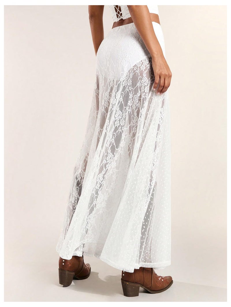MakeMeChic Women's Lace Sheer Maxi Skirts Floral Polka Dots A Line Ruffle Boho Goth Long Skirts White Medium - Image 4