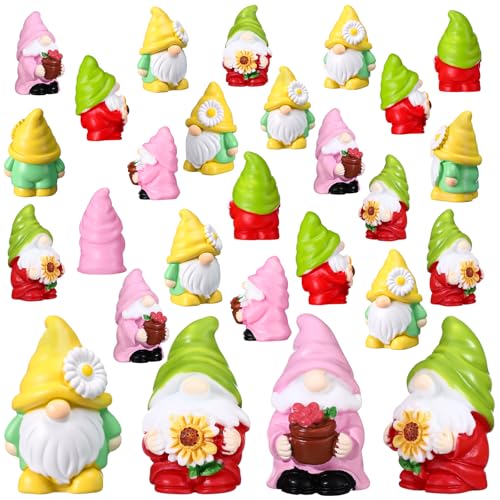 Colingmill 30 Pcs Mini Gnomes Figurine Mini Resin Gnome Bulk Miniature Daisy Sunflower Gnome Statues Fairy Garden Accessories for Summer Table Landscape Patio Yard Lawn Plant Pots Home Decor - Image 1