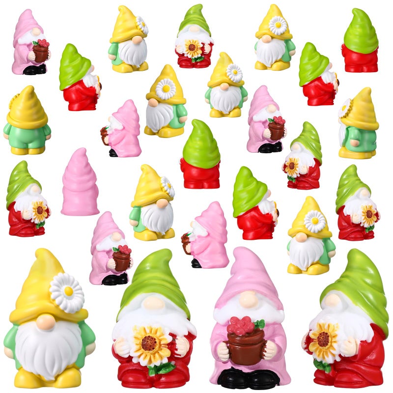 Colingmill 30 Pcs Mini Gnomes Figurine Mini Resin Gnome Bulk Miniature Daisy Sunflower Gnome Statues Fairy Garden Accessories for Summer Table Landscape Patio Yard Lawn Plant Pots Home Decor - Image 2