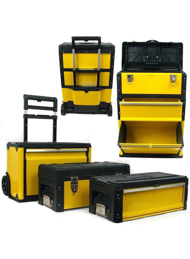 Portable Tool Box on Wheels - Stackable 3-in-1 Chest for Workshops and Craft Rooms - Foldable Comfort Handle and Latches (Black/Yellow)