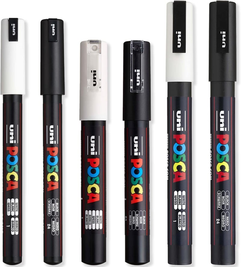 Posca  Ultra Fine to Fine Paint Marker Pens Set  PC1MR PC1M PC3M  White  Black Ink  Pack of 6