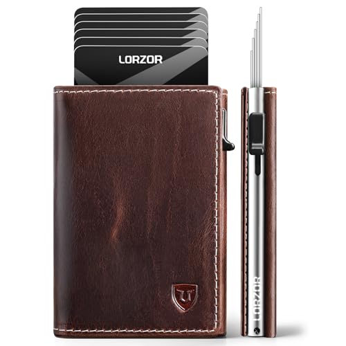 LORZOR Wallet for Men with Metal Card Holder, Pop Up Wallet, Finest Full Grain Leather Trifold Wallet, Smart, Minimalist, RFID Blocking, Front Pocket, ID Window, VintageBrown/Silver - Image 1