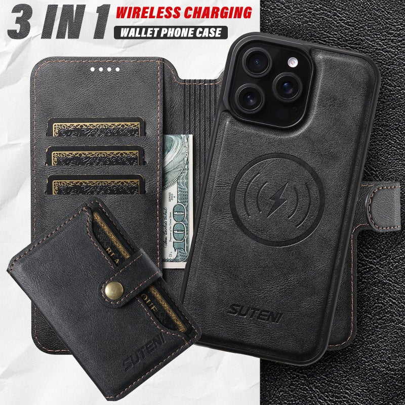Suteni For Iphone 16 Q05S1 3-In-1 Detachable Wallet Magsafe Leather Phone Case(Black) - Image 4