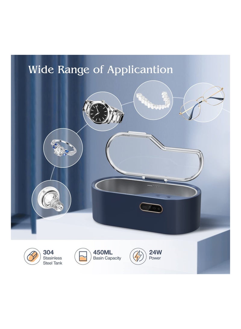 KASTWAVE Jewelry Ultrasonic Cleaner,Professional Cleaning Machine for All Jewelry SUS 304 Tank, 45kHz Portable Household Cleaner for Eyeglasses, Watches, Rings, Necklaces, Dentures  450ml, Navy Blue - Image 2