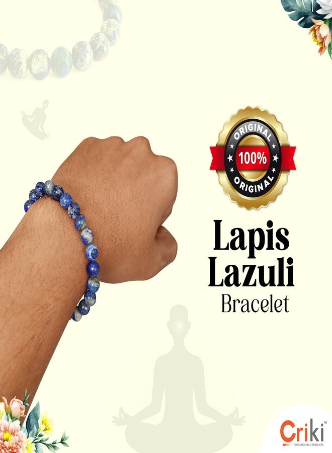 CRIKI Natural Lapis Lazuli Bracelet for Men and Women - Original Blue Crystal Bracelet with Lab Certificate for Throat Chakra, Better Communication, Good Luck and Reiki Healing - 8 MM Beads (6.5 Inch) - Image 2