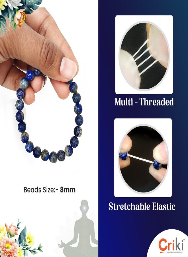 CRIKI Natural Lapis Lazuli Bracelet for Men and Women - Original Blue Crystal Bracelet with Lab Certificate for Throat Chakra, Better Communication, Good Luck and Reiki Healing - 8 MM Beads (6.5 Inch) - Image 3