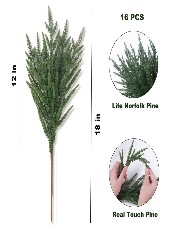 CRMPro 18 Inch Real Touch Artificial Norfolk Pine Branches, 16pcs Faux Cedar Pine Stems for Christmas Decor, Greenery Pine Garland for DIY Crafts & Wreath, Xmas Holiday Mantel Fireplace Decorations - Image 2