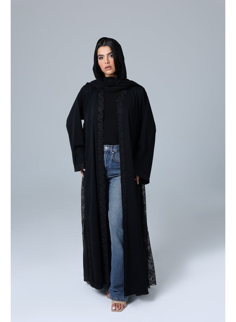 IKKXA Open Crystal Lace Borders Abaya - Image 1
