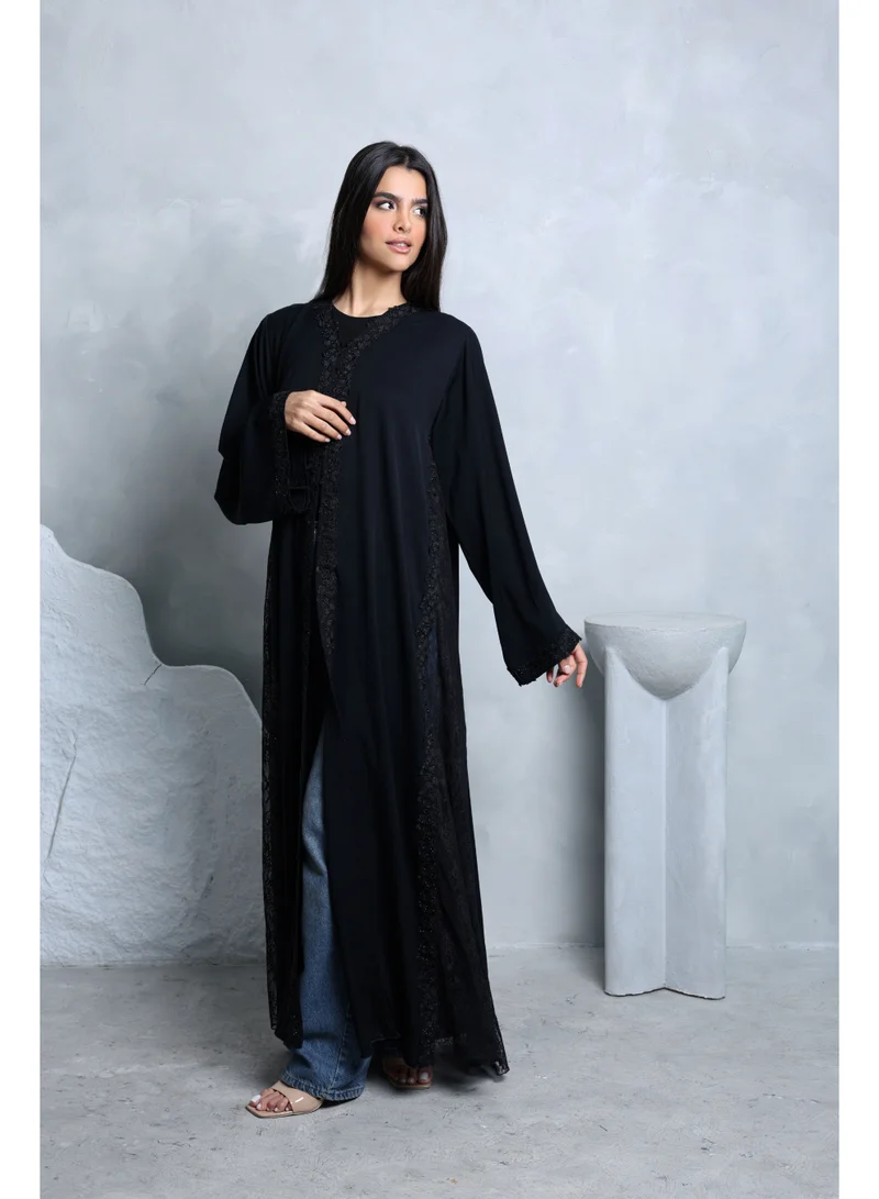 IKKXA Open Crystal Lace Borders Abaya