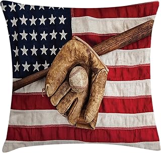 Ambesonne Ambesonne Baseball Throw Pillow Cushion Cover, Vintage Baseball League Equipment USA Grunge Glove Bat Fielding Sports  - Image 1
