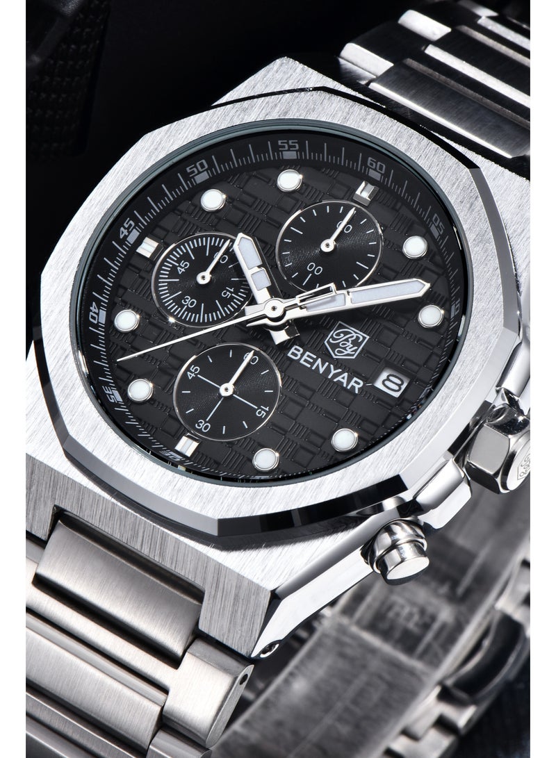 BENYAR Men's Quartz Chronograph Watches, 40MM Stainless Steel Frame, Stainless Steel Strap, Chronograph Dial, Date Display, Men's Business Fashion Watch - Image 4