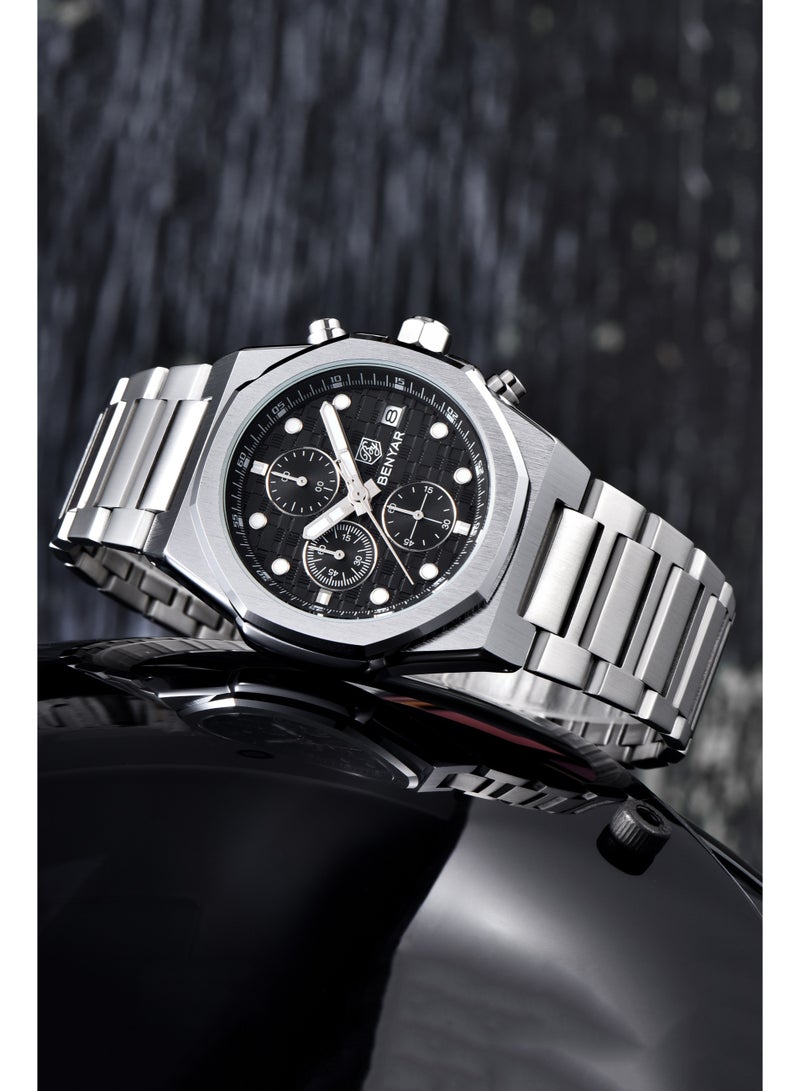 BENYAR Men's Quartz Chronograph Watches, 40MM Stainless Steel Frame, Stainless Steel Strap, Chronograph Dial, Date Display, Men's Business Fashion Watch - Image 3