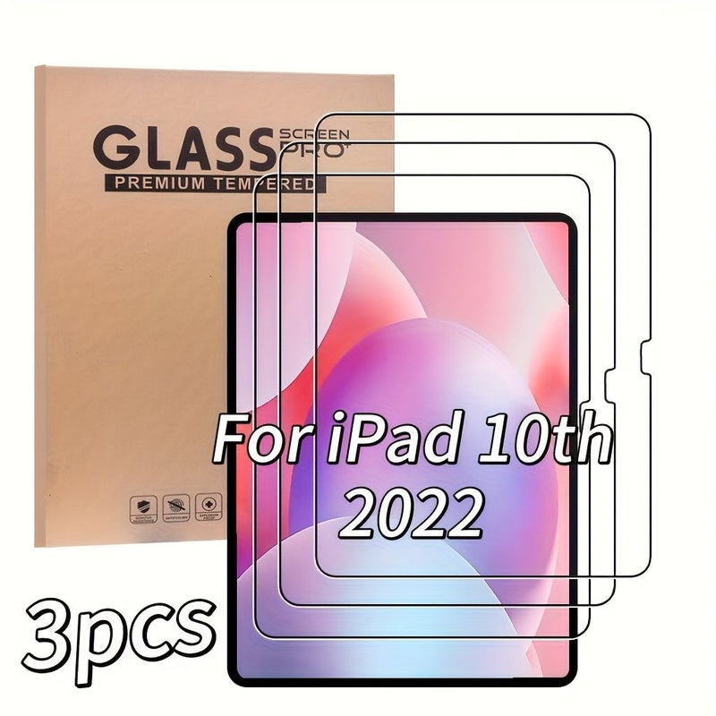 متوافق مع iPad الجيل العاشر 10.9 بوصة 2022، مجموعة من 3 قطع، واقي شاشة من الزجاج المقوى بصلابة 9H، جودة عالية، طبقة شفافة ناعمة، تغطية كاملة، مقاوم لبصمات الأصابع، أدوات تركيب سهلة. - Image 2