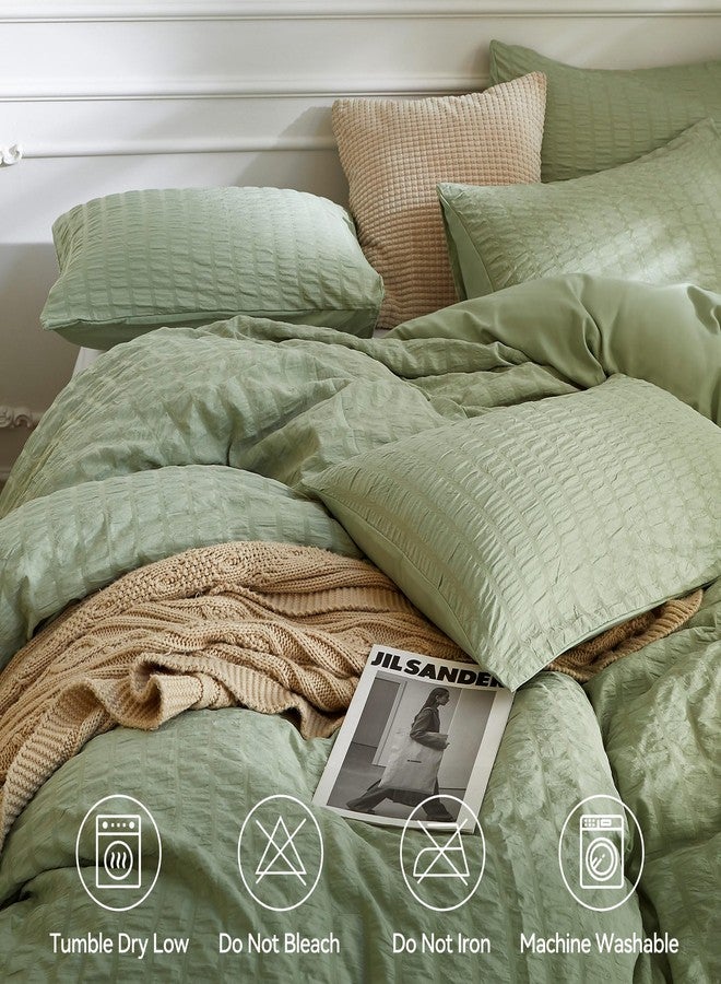 JELLYMONI Light Green Duvet Cover Queen Size, 3pcs Washed Microfiber Bedding Set, Soft Breathable Seersucker Duvet Cover Set with Zipper Closure and Corner Ties for All Seasons - Image 4