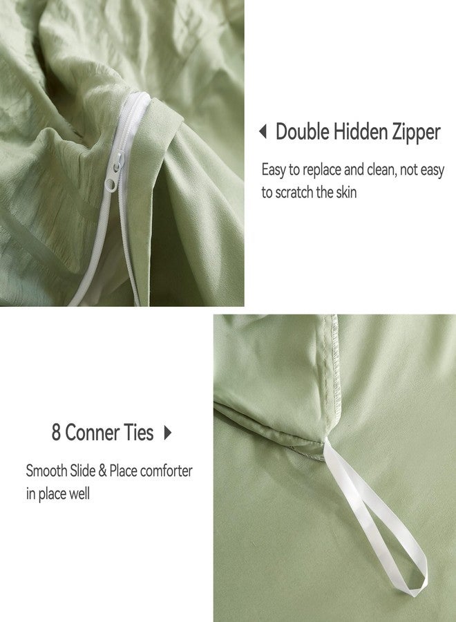 JELLYMONI Light Green Duvet Cover Queen Size, 3pcs Washed Microfiber Bedding Set, Soft Breathable Seersucker Duvet Cover Set with Zipper Closure and Corner Ties for All Seasons - Image 5