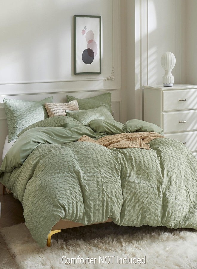 JELLYMONI Light Green Duvet Cover Queen Size, 3pcs Washed Microfiber Bedding Set, Soft Breathable Seersucker Duvet Cover Set with Zipper Closure and Corner Ties for All Seasons - Image 3