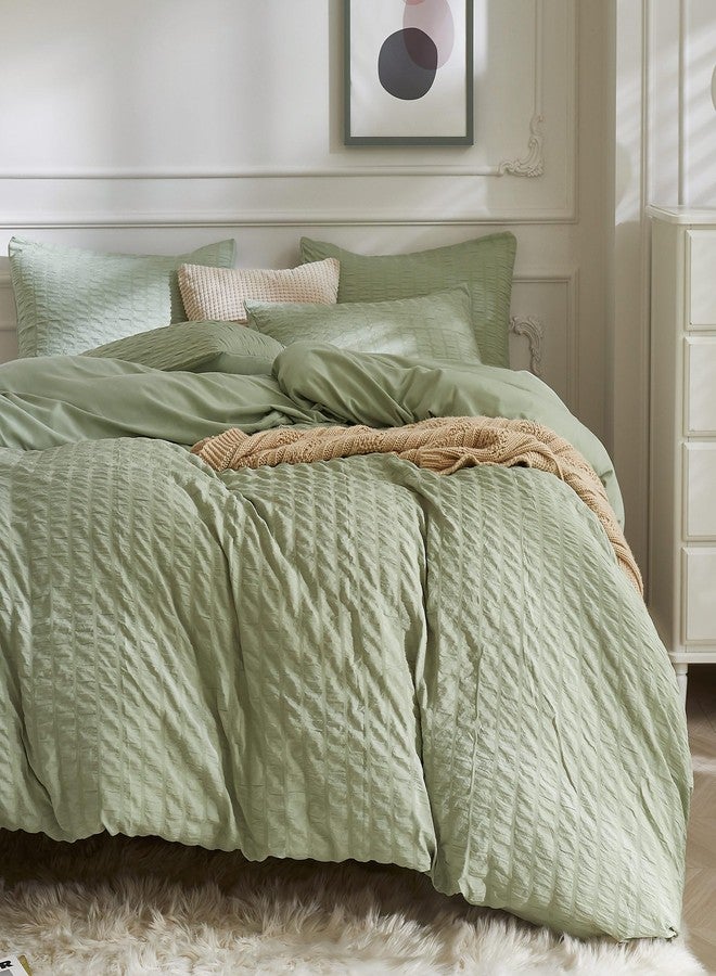 JELLYMONI Light Green Duvet Cover Queen Size, 3pcs Washed Microfiber Bedding Set, Soft Breathable Seersucker Duvet Cover Set with Zipper Closure and Corner Ties for All Seasons - Image 1