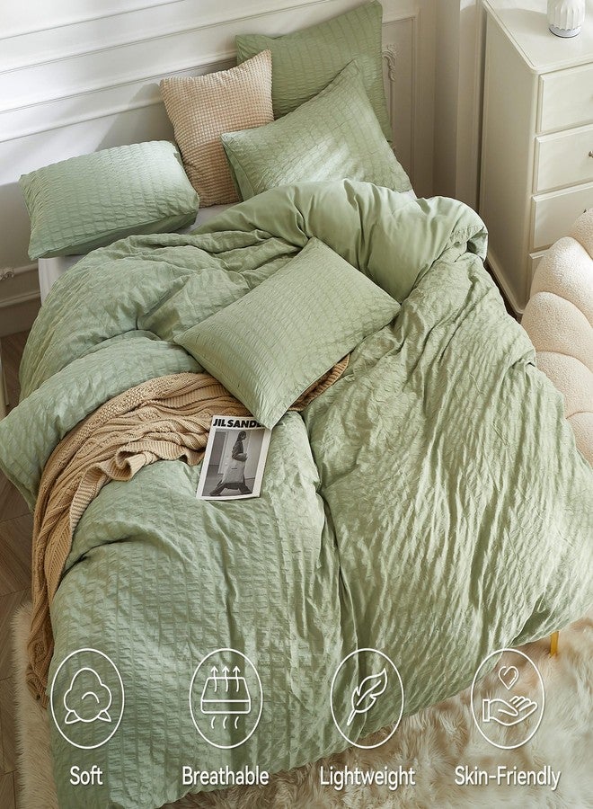 JELLYMONI Light Green Duvet Cover Queen Size, 3pcs Washed Microfiber Bedding Set, Soft Breathable Seersucker Duvet Cover Set with Zipper Closure and Corner Ties for All Seasons - Image 2