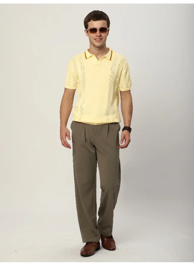 بيونغ Light Yellow Jacquard Collar Flat Knit Polo T-Shirt