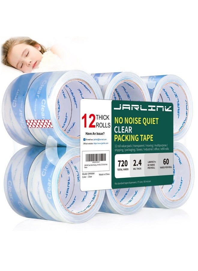 JARLINK No Noise Clear Quiet Packing Tape (12 Rolls) Heavy Duty Packaging Tape For Shipping Packaging Moving Sealing 2.4Mil Thick 1.88 Inches Wide 60 Yards Per Roll 720 Total Yards  - Image 1