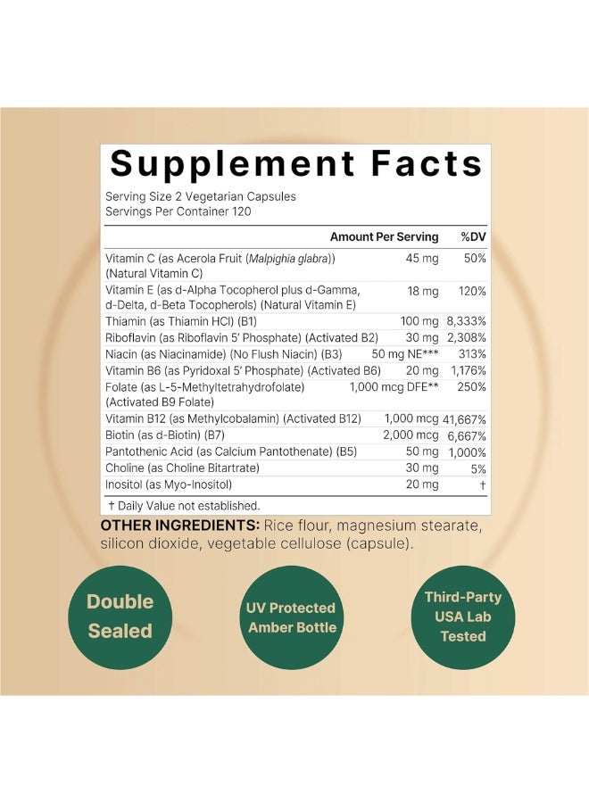 نايتشر بيل Methylated B-Complex Vitamins – 240 Veggie Capsules | Active Multivitamin with B12, Folate, Biotin, Vitamin C & E, Choline & Inositol - Image 4