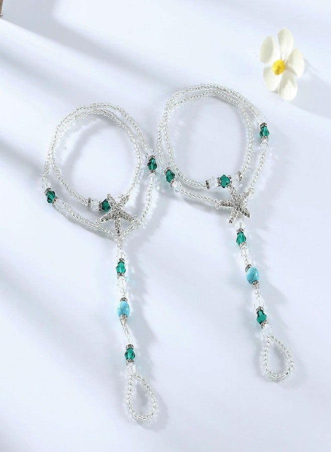 Aularso Turquoise Barefoot Sandals Beaded Foot Chain Layered Starfish Foot Jewelry Summer Beach Ankle Chain for Women(2PCS) - Image 3