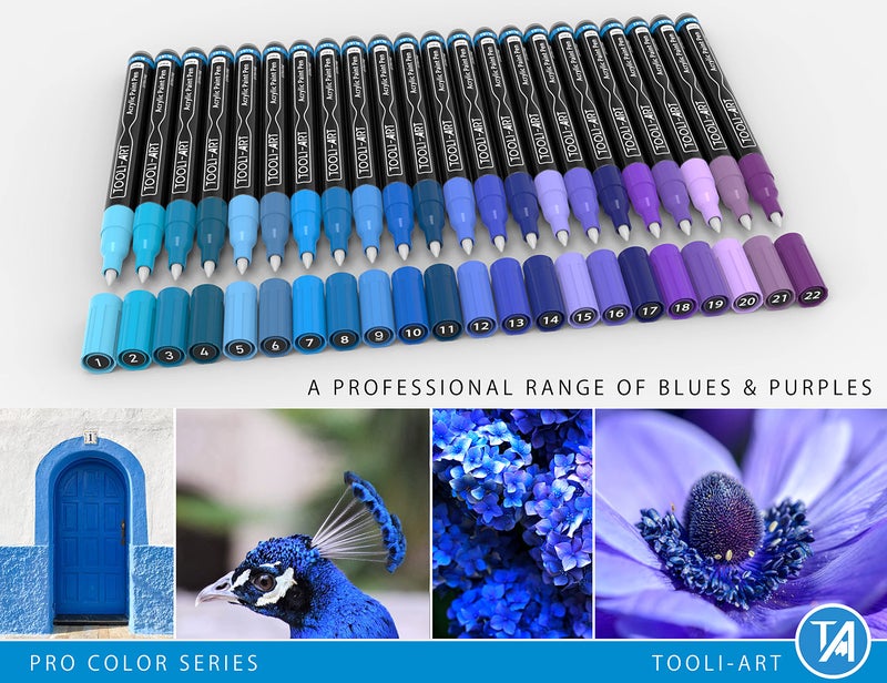TOOLI-ART Acrylic Paint Pens 22 Blue & Purple Tones Assorted Pro Color Series Markers Set 0.7mm Extra Fine Tip for Rock Painting, Glass, Mugs, Wood, Metal, Canvas, Projects, Non Toxic, Waterbased, Quick Drying - Image 2