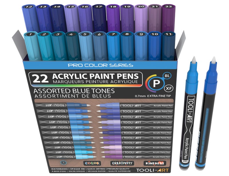TOOLI-ART Acrylic Paint Pens 22 Blue & Purple Tones Assorted Pro Color Series Markers Set 0.7mm Extra Fine Tip for Rock Painting, Glass, Mugs, Wood, Metal, Canvas, Projects, Non Toxic, Waterbased, Quick Drying - Image 1