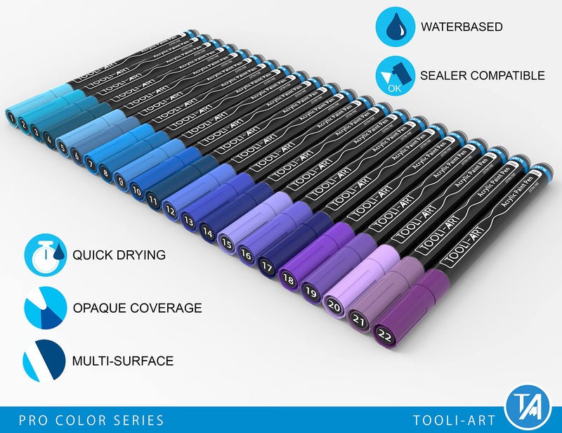TOOLI-ART Acrylic Paint Pens 22 Blue & Purple Tones Assorted Pro Color Series Markers Set 0.7mm Extra Fine Tip for Rock Painting, Glass, Mugs, Wood, Metal, Canvas, Projects, Non Toxic, Waterbased, Quick Drying - Image 4