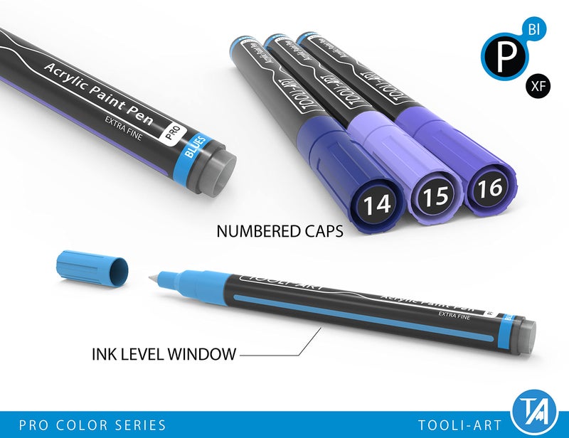 TOOLI-ART Acrylic Paint Pens 22 Blue & Purple Tones Assorted Pro Color Series Markers Set 0.7mm Extra Fine Tip for Rock Painting, Glass, Mugs, Wood, Metal, Canvas, Projects, Non Toxic, Waterbased, Quick Drying - Image 3