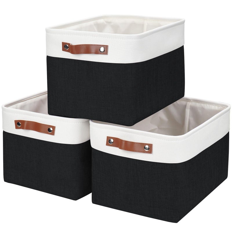 Bagnizer Storage Bins Large Fabric Storage Baskets for Shelves 3 Pack, Decorative Linen Closet Baskets with Handles for Organizing, Shelf, Clothes, Home, Office, 15x11x9.5Inches (Black&White) - Image 1