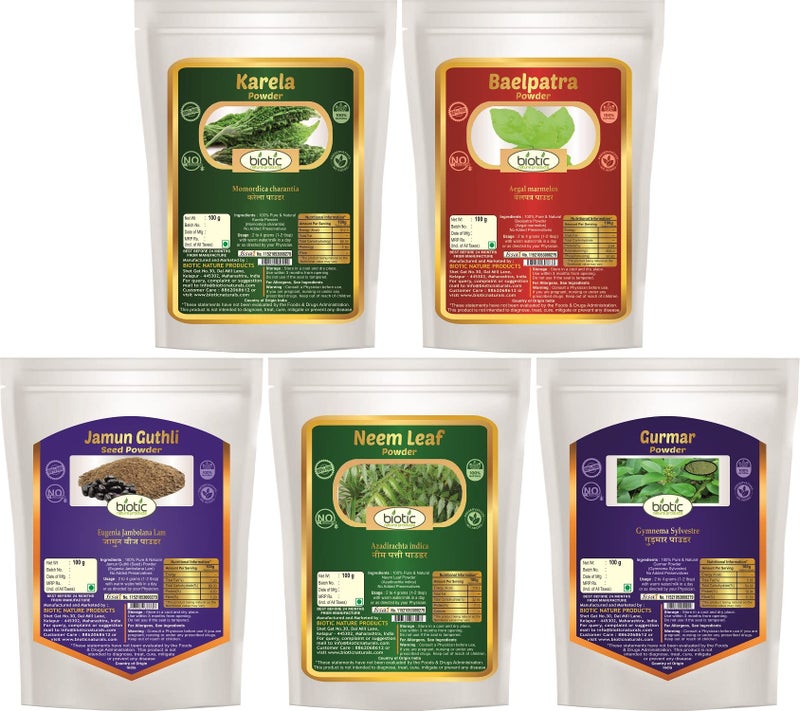 Biotic Natural Neem, Karela, Gurmar, Belpatra and Jamun Seed Powder - 500gm (100gm each) - Image 1
