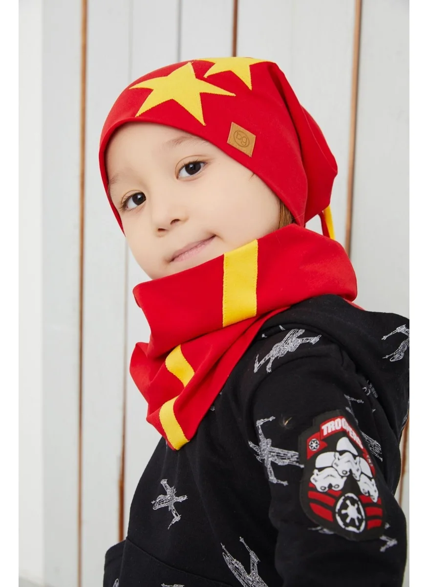 Babygiz Yellow Red Fanatic Beanie Neck Collar Set Soft Double Layer Sports 100% Natural Cotton Combed Cotton