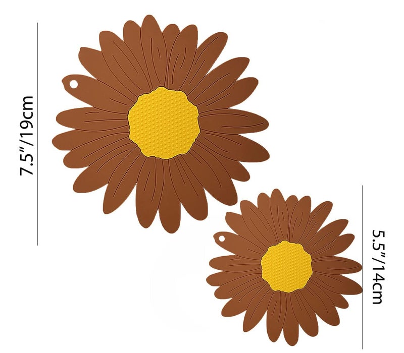 BENCI BENCI Anti-Hot Silicone Trivet Mat, 7.5 & 5.5 Inch Daisy Flower Shape Heat Resistant Anti Slip Place Mat for Hot Pots & Pans Holder, Kitchen Insulation Coaster Hot Pad for Dishes (Brown, Set of 2) - Image 2