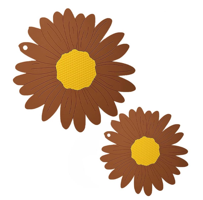 BENCI BENCI Anti-Hot Silicone Trivet Mat, 7.5 & 5.5 Inch Daisy Flower Shape Heat Resistant Anti Slip Place Mat for Hot Pots & Pans Holder, Kitchen Insulation Coaster Hot Pad for Dishes (Brown, Set of 2) - Image 1
