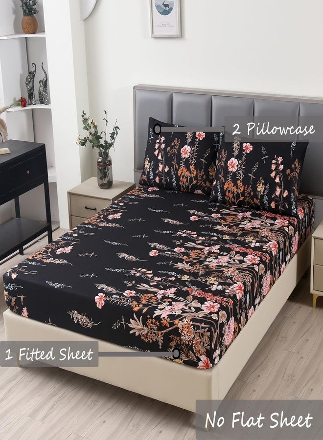 ماج طقم ملاءات سرير ماج مكون من 3 قطع باللون الأسود بنقشة زهور، طقم ملاءات سرير من الألياف الدقيقة بنقشة زهور، طقم ملاءات سرير بوهيمي مع ملاءة مثبتة واحدة و2 غطاء وسادة، عمق 14 بوصة (أسود، كوين) - Image 2