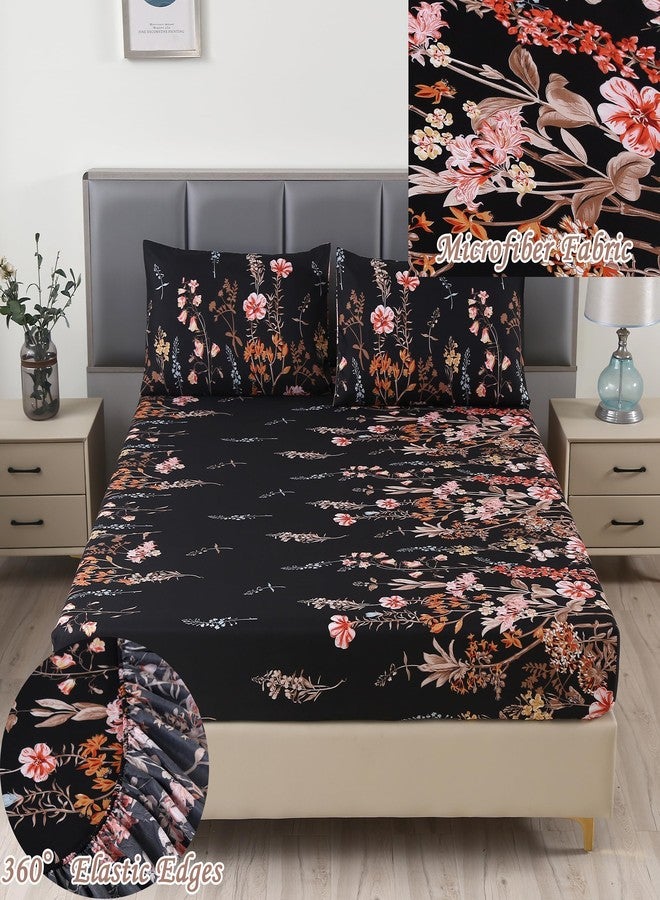 ماج طقم ملاءات سرير ماج مكون من 3 قطع باللون الأسود بنقشة زهور، طقم ملاءات سرير من الألياف الدقيقة بنقشة زهور، طقم ملاءات سرير بوهيمي مع ملاءة مثبتة واحدة و2 غطاء وسادة، عمق 14 بوصة (أسود، كوين) - Image 3