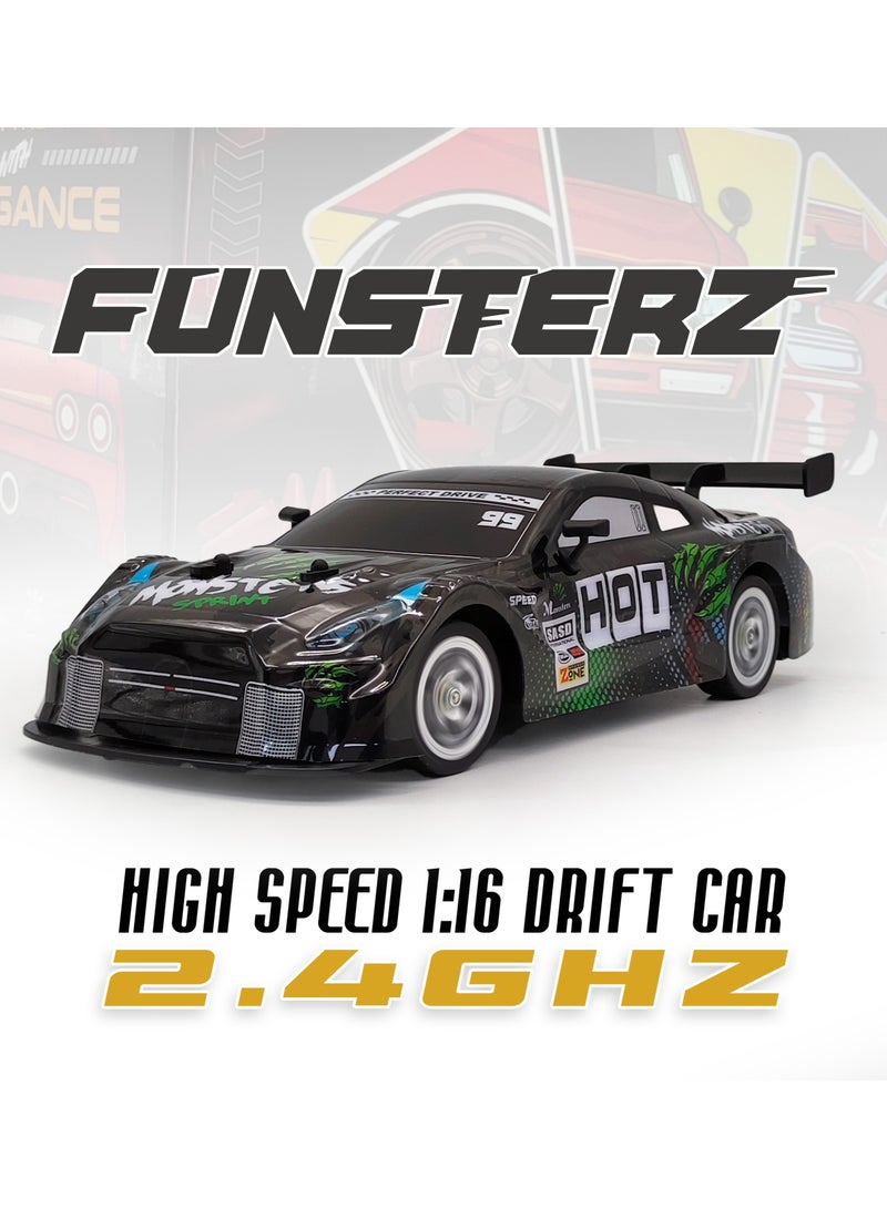 فونسترز سيارة فانسترز دريفت سيريز للتحكم عن بُعد | سيارة دفع رباعي بمقياس 1:16 مزودة بإضاءة LED وملحقاتها | سيارة سباق دريفت عالية السرعة بتردد 2.4 جيجاهرتز للأطفال من سن 6 سنوات فما فوق | سيارة كهربائية حمراء للتحكم عن بُعد مزودة ببطارية قابلة لإعادة الشحن - Image 3