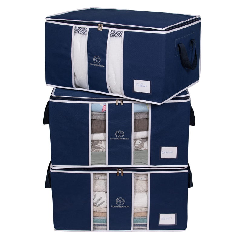 H M Home Maximize H M Home Maximize Clothes Storage Bag Organizer for Blankets Clothing Comforters and Bedding Sets  Stackable with Zippers  Clear Window  3 Pack Blue 