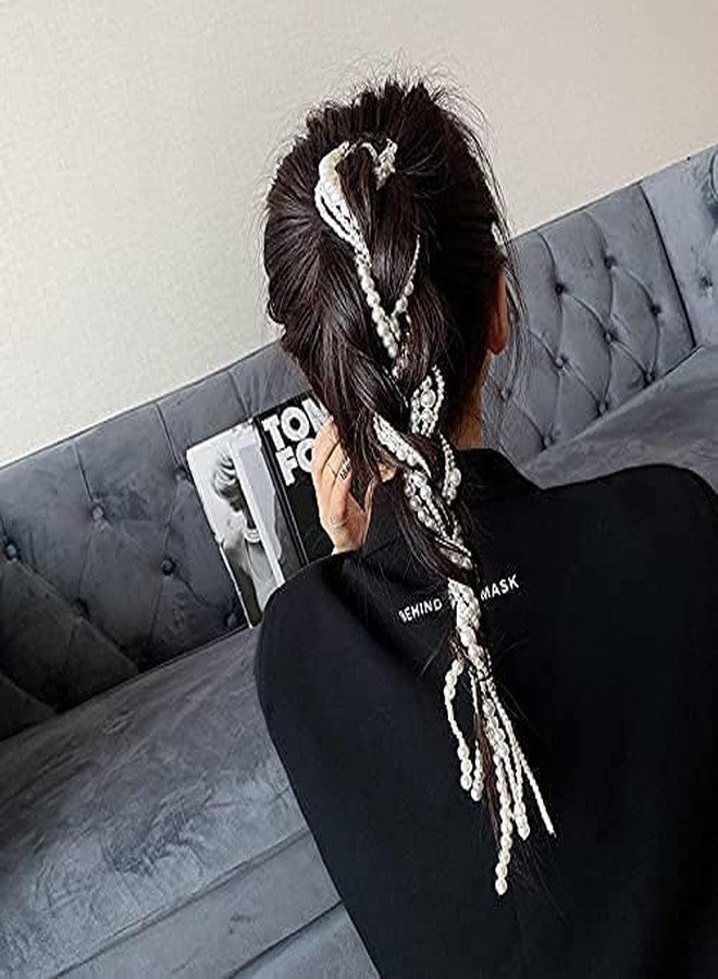 DHANABAPA Imitation Pearl Hair Clip, Long Hair Extension Braiding Chains, DIY Fashion Hair Accessories for Women and Girls, Hand Made Pearls Hair Chain For Girls - 2 pcs. - Image 3