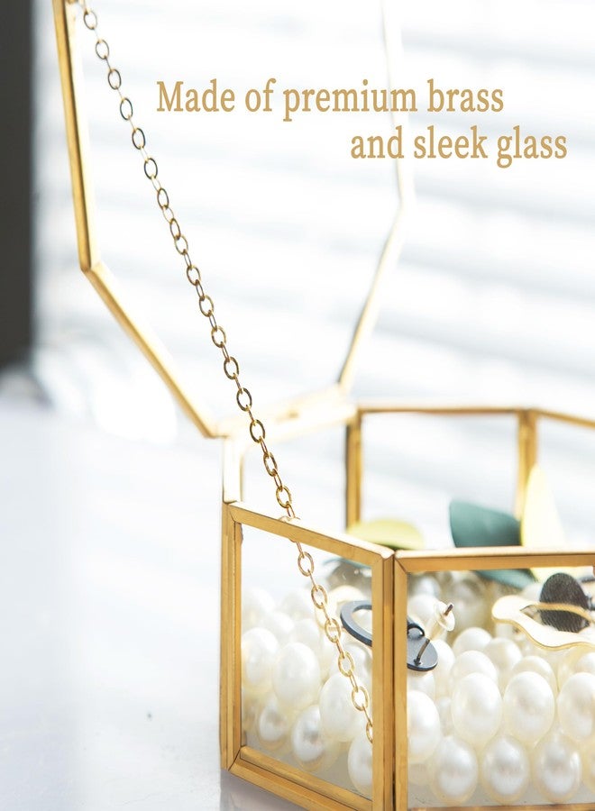 Sanllusit Glass Vintage Jewelry Box, Octagon Gold Display Organizer, Vanity Lidded Home Decor Accent for Storage Trinket Rings Bracelet - Small - Image 4