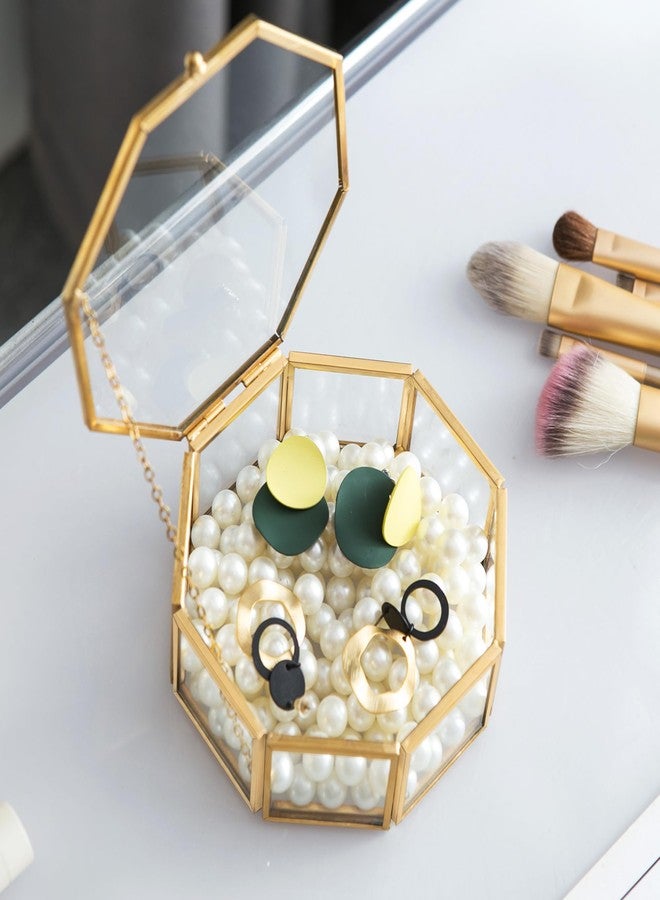 Sanllusit Glass Vintage Jewelry Box, Octagon Gold Display Organizer, Vanity Lidded Home Decor Accent for Storage Trinket Rings Bracelet - Small - Image 2