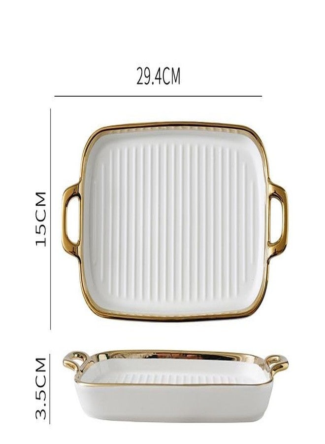 Beyond Homes Ceramic Serving Platter with Handles, 12 Inch | Rectangular Ceramic Snack Tray with Gold Rim | Microwave & Dishwasher Safe Platter for Starters, Appetizers & Dining Table (White Gold) - Image 2