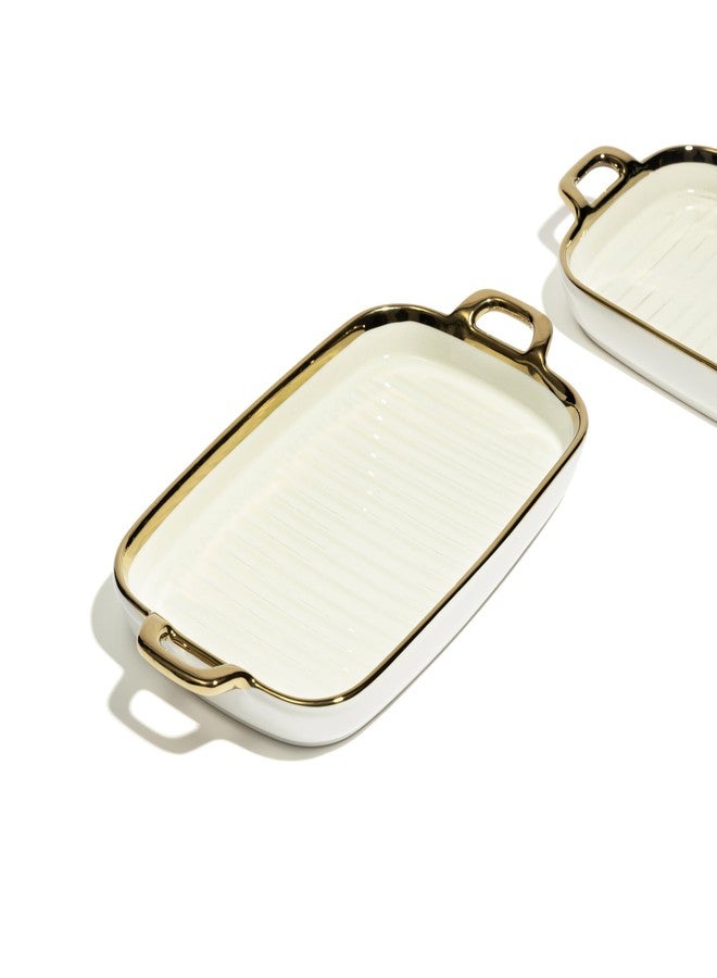 Beyond Homes Ceramic Serving Platter with Handles, 12 Inch | Rectangular Ceramic Snack Tray with Gold Rim | Microwave & Dishwasher Safe Platter for Starters, Appetizers & Dining Table (White Gold) - Image 3