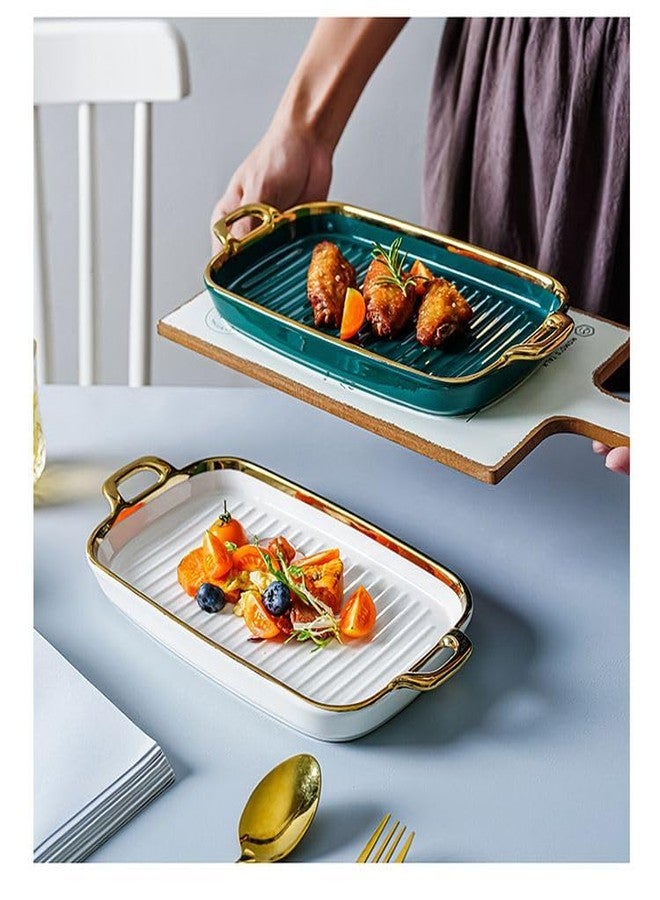 Beyond Homes Ceramic Serving Platter with Handles, 12 Inch | Rectangular Ceramic Snack Tray with Gold Rim | Microwave & Dishwasher Safe Platter for Starters, Appetizers & Dining Table (White Gold) - Image 4